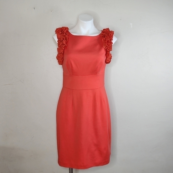 Trina Turk Dresses & Skirts - Trina Turk Coral Orange Midi Dress with Ruffle Sleeves Size 10
